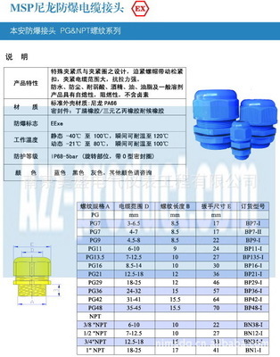 【藍(lán)色 本安防爆尼龍電纜接頭】價格,廠家,圖片,直通、接頭,南京美盛電氣儀表工程-